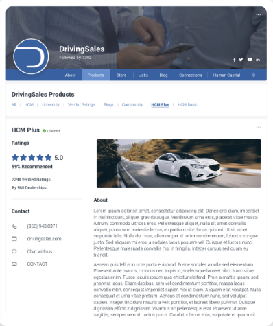 isual detailing the 'Plus' package features on the DrivingSales Product Marketing Solutions webpage, indicating mid-tier services for vendor ratings and client engagement.