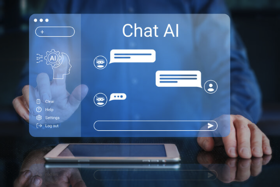 A person interacts with a futuristic, generative AI for automotive interface projected in the air above a smartphone on a desk. Icons for settings, help, and logout are visible on the interface, suggesting a user-friendly AI chat system.